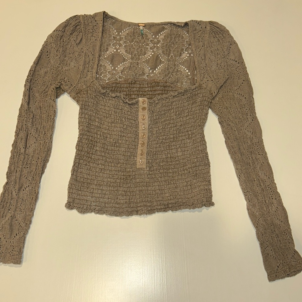 Free People Blouse Size XS Tan/Gray Stretchy